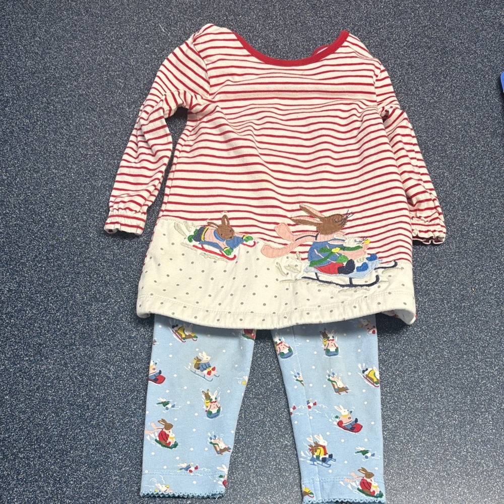 Mini Boden Red Striped Tunic and Light Blue Sledding Leggings Set